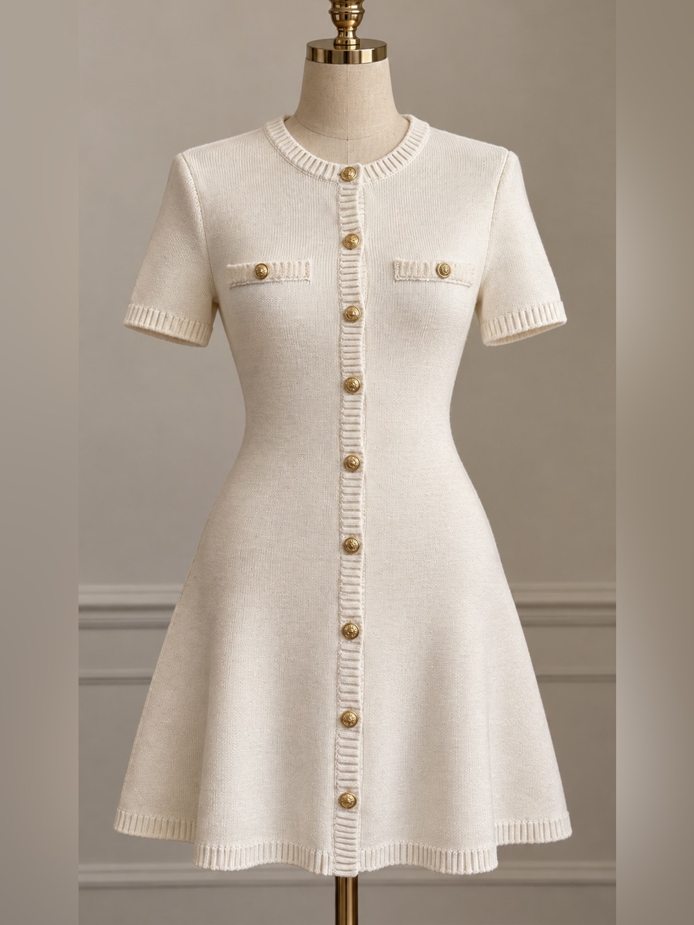 Elegant Cream Knit Button-Front Dress